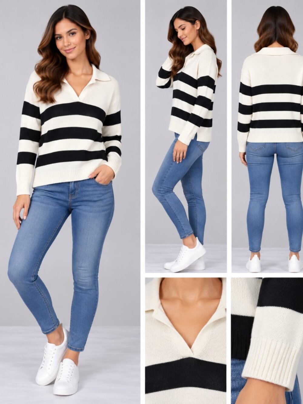 CeCe Black White Striped Collared V-Neck Sweater Size M